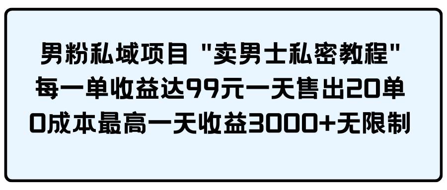 男粉私域项目 卖男士私密教程 每一单收益达99元一天售出20单-火花副业网