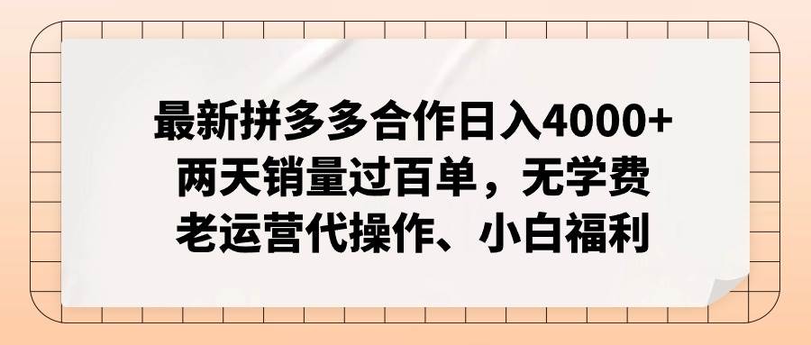 最新拼多多合作日入4000+两天销量过百单，无学费、老运营代操作、小白福利-火花副业网