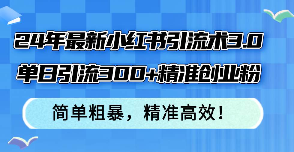 24年最新小红书引流术3.0，单日引流300+精准创业粉，简单粗暴，精准高效！-火花副业网